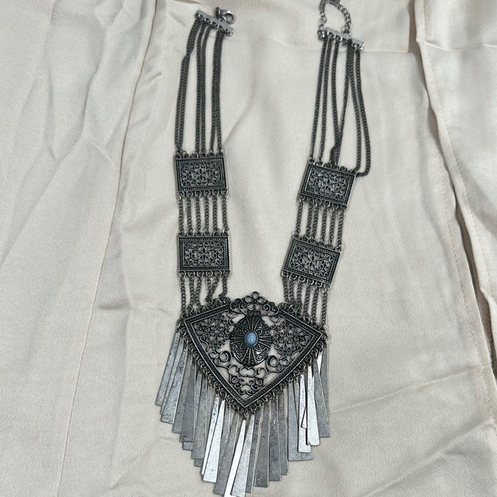 Silver Tribal Necklace with Cascading Fringe